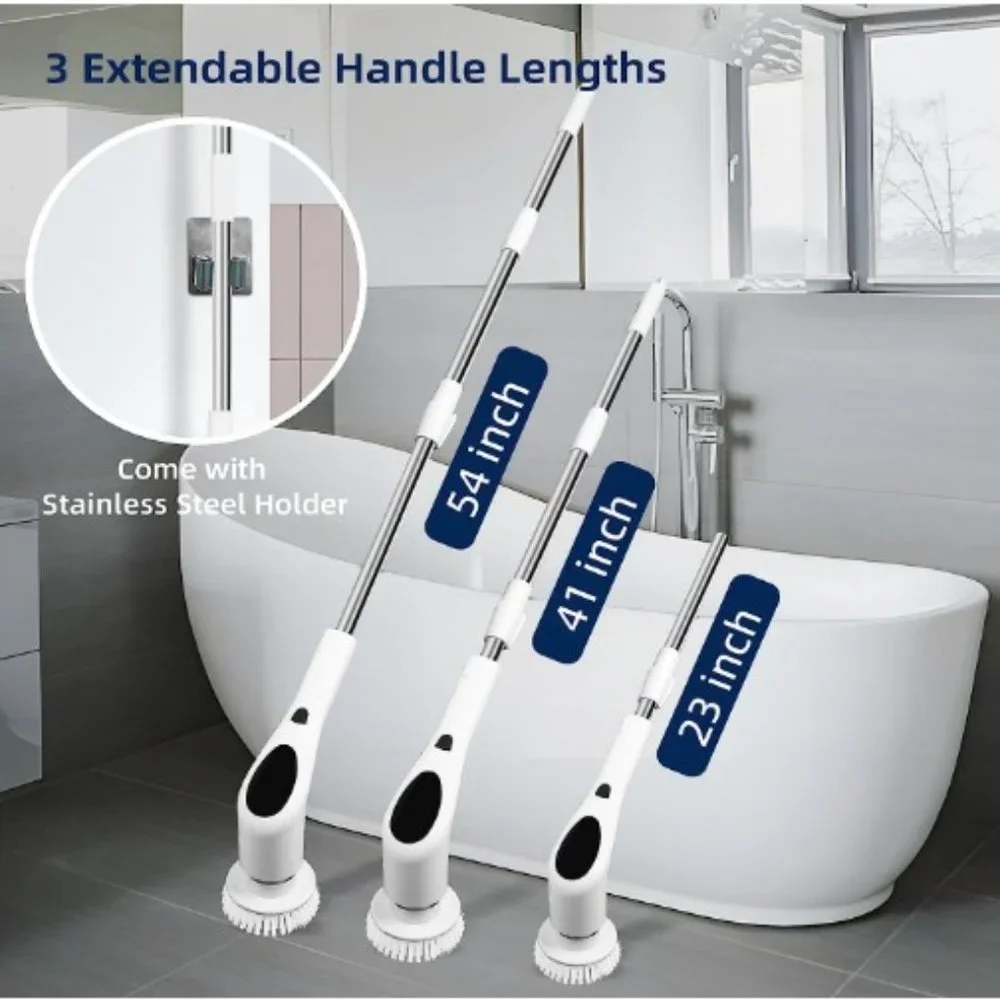 Cordless LED Electric Spin Scrubber/ Voice Prompt/ 3 Speeds/ Extension Arm/ IPX7